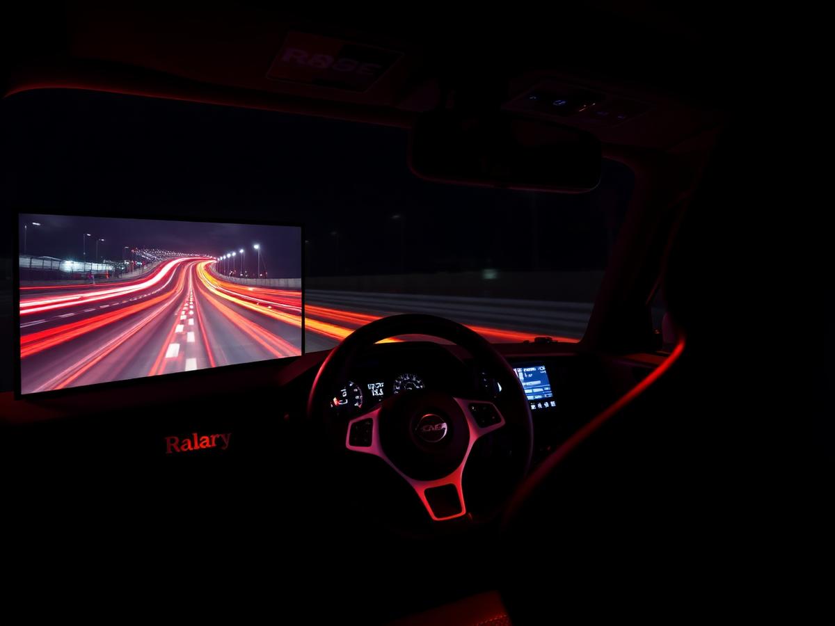 Racing simulator cockpit at night