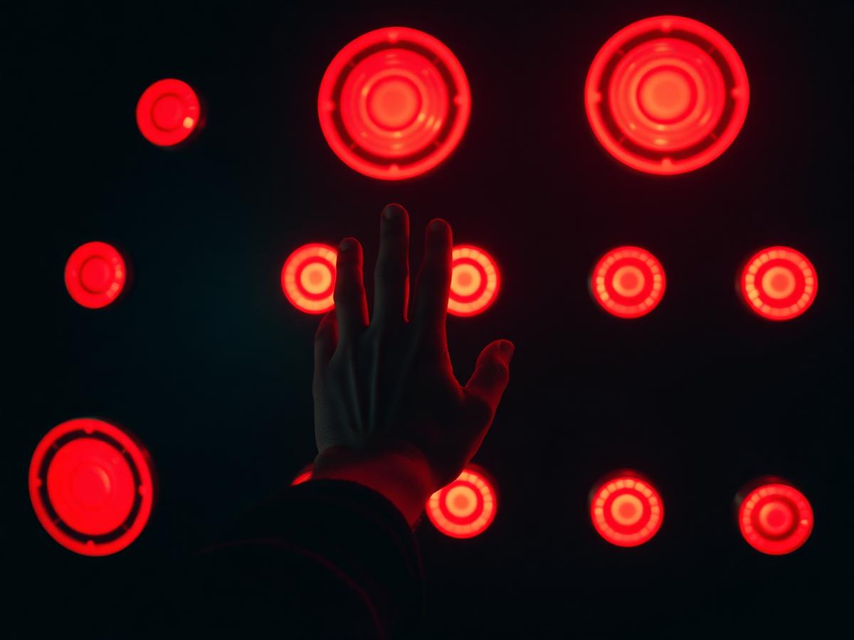 Hand reaching for a wall of glowing red reaction lights